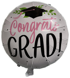 18" round Graduation (White with Pink Congrats)