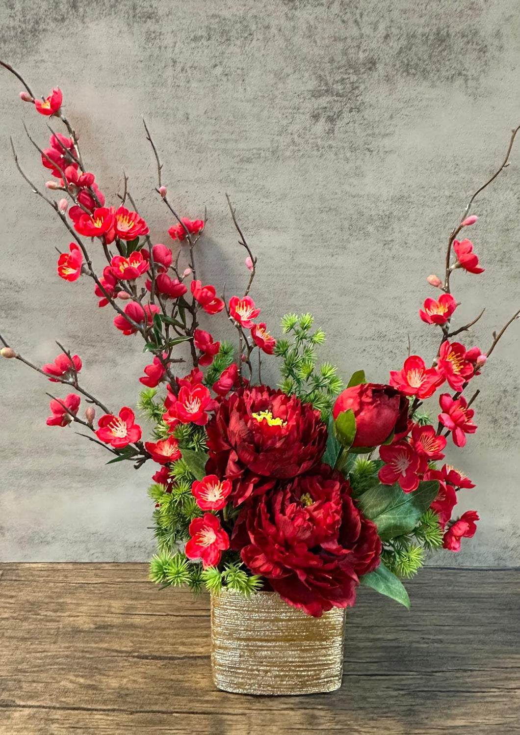 Artificial floral arrangement - Square Container (Cherry Bloom with Peonies)