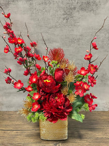 Artificial floral arrangement - Square Container (Cherry Bloom with Peonies)