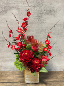 Artificial floral arrangement - Square Container (Cherry Bloom with Peonies)