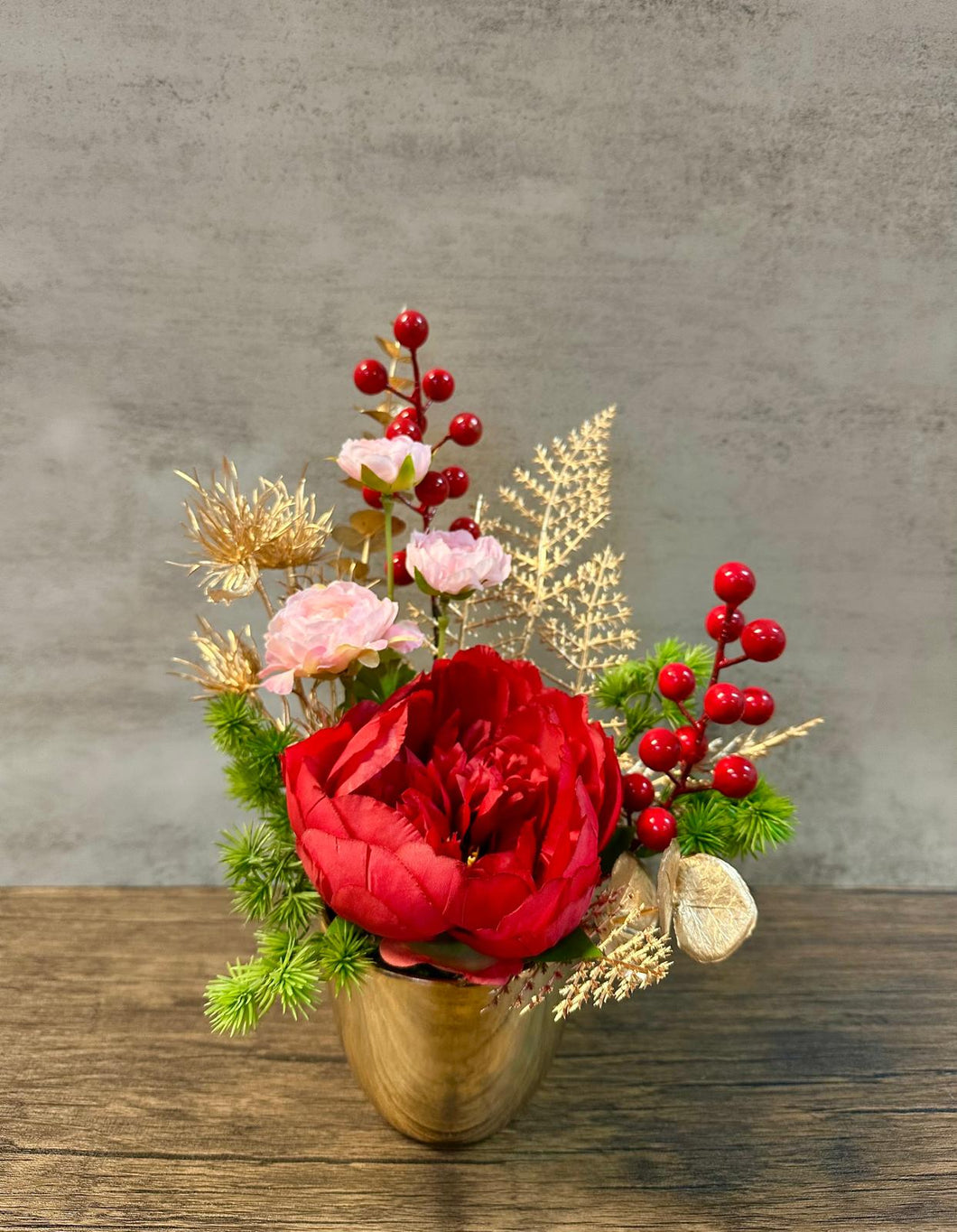 Artificial floral arrangement - Round Container (Peonies)