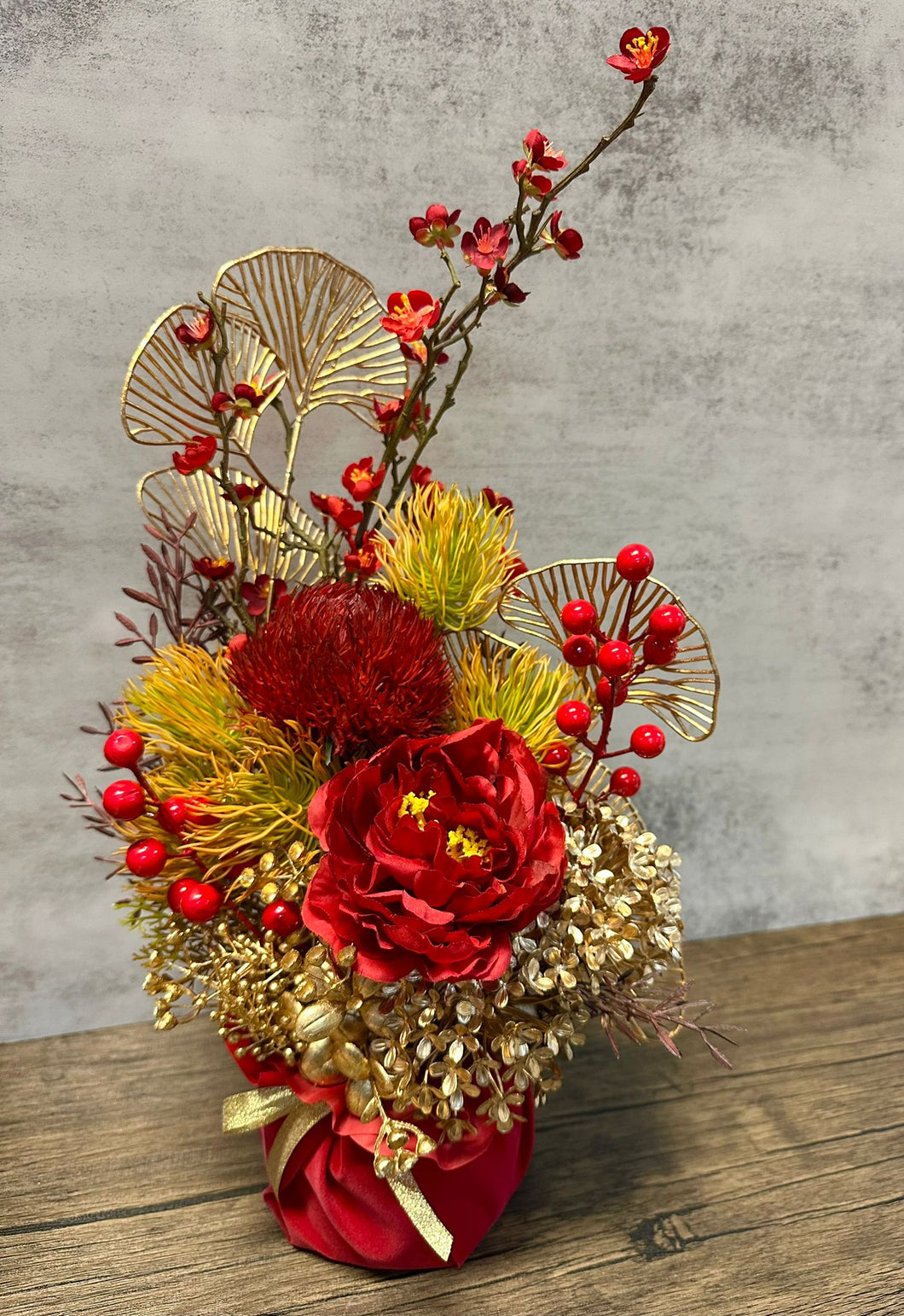 (CNY-PNHY-L) Artificial floral arrangement - CNY themed round jar