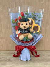 Crochet bouquet: Grad Bear (L) with 2 sunflower