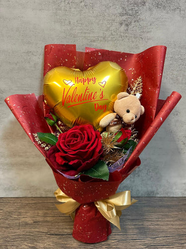 Valentine's Day balloon bouquet with artificial flower and mini bear